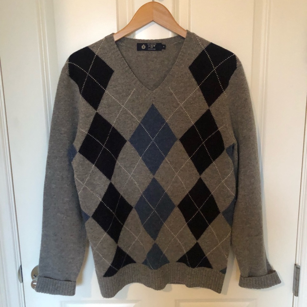 JCrew Men’s Grey and Blue Lambs Wool Argyle Sweater